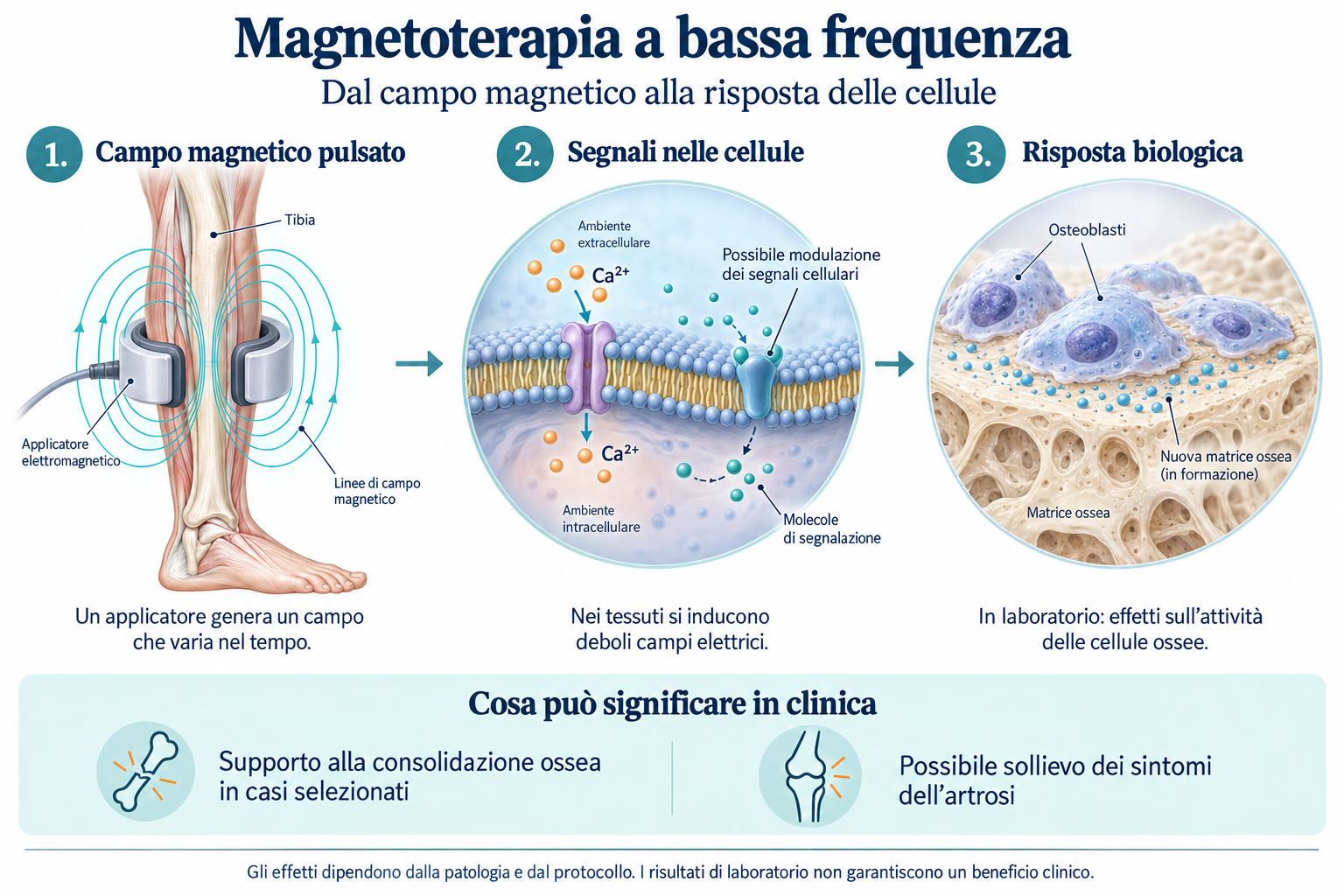 Schema della magnetoterapia: campo magnetico pulsato, segnali nelle cellule e possibili risposte biologiche.